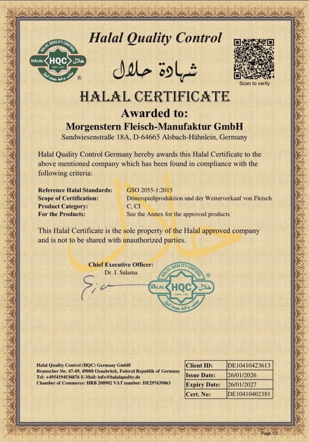Halal Quality Control Zertifikat Morgenstern Fleisch-Manufaktur GmbH