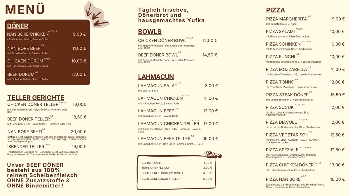 Speisekarte, Tafel 1 von 3: Döner, Tellergerichte, Bowls, Lahmacun und Pizza mit Preisen