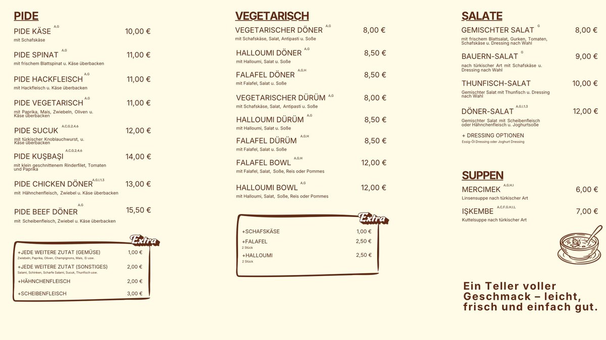 Speisekarte, Tafel 2 von 3: Pide, vegetarische Gerichte, Salate und Suppen mit Preisen