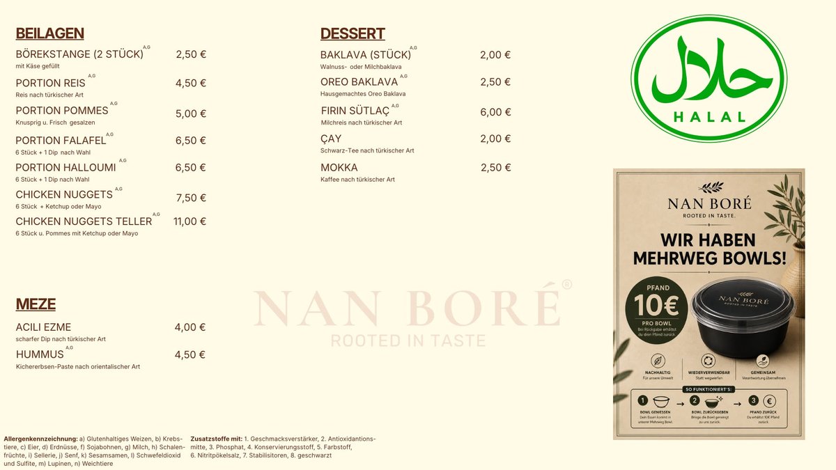 Speisekarte, Tafel 3 von 3: Beilagen, Dessert, Meze und die Allergenkennzeichnung